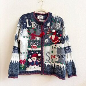 Tiara International Vintage Let It Snow Ugly Christmas Sweater Zip Cardigan M